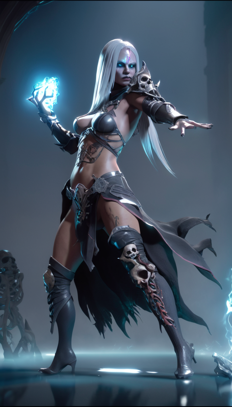 Cinematic scene, hero view, sexy female d4d necromancer <lora:diablo_4_necromancer_xl_v1:1>, action pose, masterpiece, best quality, high quality, highres, absurdres