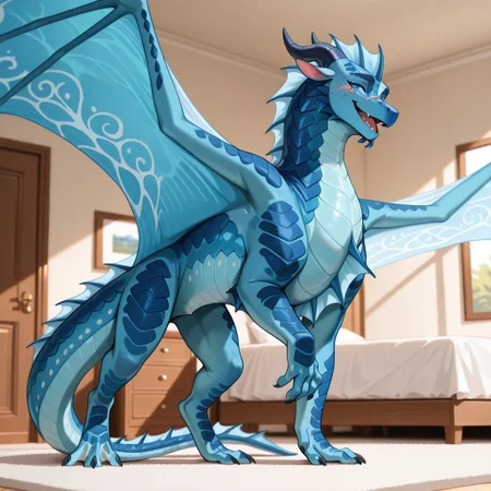 1boy, highres, absurdres, newest, masterpiece, best quality, furry, furry_male, Seawing_wof, aquatic scales, chin tendrils, dragon, scales, wings, horns, tail, head frill, claws, chest frill, webbed claws, webbed feet, Riptide_wof, blue scales, (face scars, scars on face:1.1), blue eyes, wing pattern, spread wings, (feral, quadruped:1.1), detailed eyes, standing, open_mouth, open mouth smile, luxurious detailed room, bright room, day scene, professional lighting, white bed, solo, bedroom, smiling, seductive, looking_at_viewer, masterpiece, close up, safe