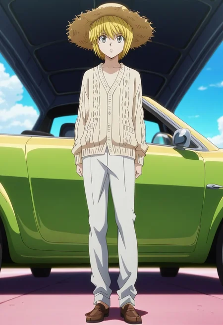 masterpiece, best quality, , anime screencap, , , looking at viewer, , 1boy, solo, male focus, <lora:kurapika_hxh_ilxl:0.98>, kurapika_hxh, blonde hair, grey eyes, short hair, bangs, hair between eyes, , , Convertible pants, PaleMint Cashmere Cardigan, Penny loafers, Straw hat,