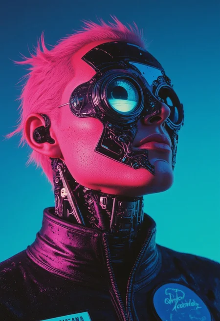 A hyper-detailed M100-style analog photo of a laughing antromorphic Mouse cyborg in the style of ck-ncr, blending intricate cyberpunk robotics with vibrant, human joy. Her radiant smile highlights the duality of her being: half of her face is organic, glowing with fiery freckles and warm, soft skin, while the other half reveals an intricate network of exposed wiring, microprocessors, and metallic plating. These robotic elements glisten with delicate servos and fluidly moving panels, emphasizing her futuristic elegance. Her mechanical eye, softly glowing and alive with laughter, reflects her joy, seamlessly integrated into the interplay of metal and flesh.
She wears a bold, sleeveless cyberpunk jacket adorned with holographic patches and glowing lines, contrasting with her high-tech enhancements and emphasizing her dynamic personality. The jacket's vivid neon hues—pink, cyan, and electric purple—pulse gently, mirroring the energy of her expression. The interplay of her laughter, illuminated by atmospheric lighting, creates a stunning cinematic effect: volumetric neon lights cast rippling magenta and blue hues across her metallic and organic features, blending harmoniously with the hazy, hyperpunk-inspired backdrop of dark turquoise tones.
