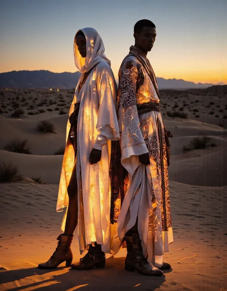 futuristic clothing. A photo-realistic shoot from a front camera angle about a futuristic outfit with glowing patterns in a desert landscape during sunset. the image also shows two male figures standing side by side in the middle of the image, both wearing long, flowing white robes with intricate patterns and glowing lights. on the left, a woman with dark skin appears to be facing the viewer, wearing a white robe with a hood, while on the right, a man with short, dark hair and a serious expression is standing. both figures are wearing white, long-sleeved, futuristic-looking garments with a glowing pattern. the woman has a slim body, while the man has a muscular build. they are both wearing brown boots. the background features a vast desert landscape with a sunset sky and distant mountains in the distance. the lighting is dramatic, with warm orange and blue hues, creating a sense of depth and atmosphere.