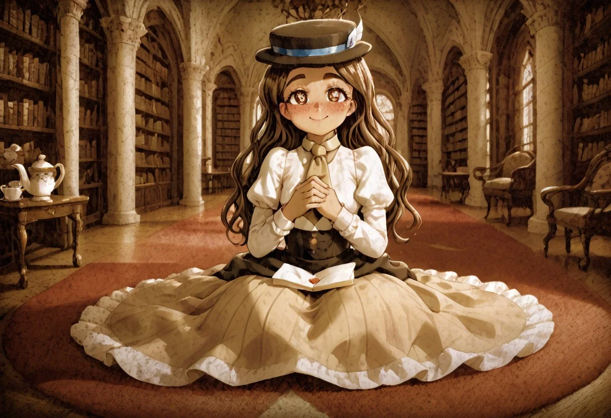 high definition 1girl, solo, franimel, dress, long hair untill hips, brown skin, brown eyes, freckles, blushing, hat, beige tie, soft illumination, full body, victorian library, detailed background, night, sitting down on a red carpet, tea cup on floor, old inkwell on floor, old pen on floor, paper sheets lying around, cute smile, look at viewer, sighing, heart-shaped pupils, hands on chest together, grabbing a old letter, AgedSepiaCE