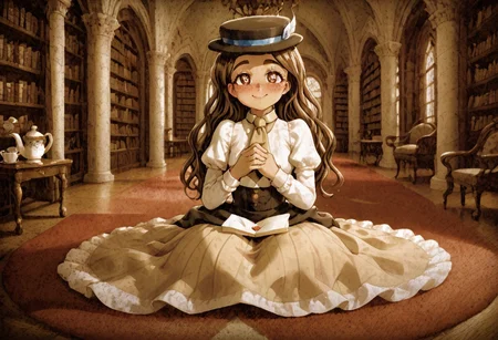 high definition 1girl, solo, franimel, dress, long hair untill hips, brown skin, brown eyes, freckles, blushing, hat, beige tie, soft illumination, full body, victorian library, detailed background, night, sitting down on a red carpet, tea cup on floor, old inkwell on floor, old pen on floor, paper sheets lying around, cute smile, look at viewer, sighing, heart-shaped pupils, hands on chest together, grabbing a old letter, AgedSepiaCE