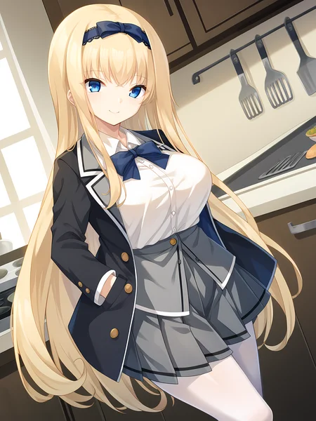 <lora:ESCUDE_-_Haison_Shoujo:1>,escude,emma,blonde hair,blue eyes,very long hair,large breasts,hairband,blue bow,pantyhose,white pantyhose,skirt,pleated skirt,shirt,white shirt,open jacket,grey skirt,brown footwear,bangs,long sleeves,standing,indoors,kitchen,smile,, score_9, score_8_up, score_7_up,source_anime,(masterpiece),(best quality),(ultra-detailed),(best illustration),(best shadow),(absurdres),(detailed background),(very aesthetic),source_anime