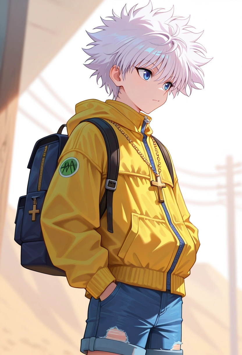 masterpiece, best quality, intricate details, , , , 1boy, solo, male focus, <lora:killua_zoldyck_ilxl:0.92>, killua_zoldyck, white hair, blue eyes, short hair, spiked hair, bangs, messy hair, , Pleated denim shorts, Wool Windbreaker, , , Rosary and andCamping Backpack