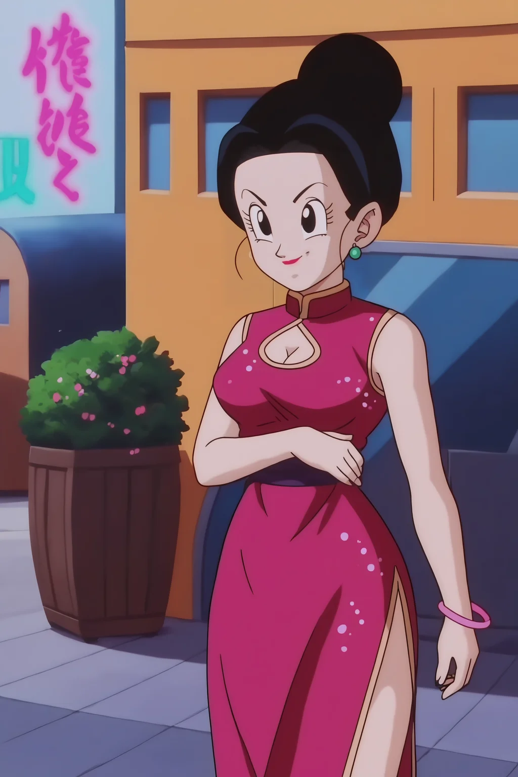 source_anime, score_9, score_8_up, score_7_up, anime screencap, absurdres,
official style, chi-chi,  DBZ, end of buu, black hair, eyelashes, hair bun, black eyes, single hair bun, 1girl, solo, smile, makeup, lipstick, outdoors, standing, city, street, dappled moonlight, night sky, neon lights, evening gown, sleeveless dress, cleavage, glitter dress, black dress, side slit, bare legs, cowboy shot, <lora:chichi_v1:0.8>