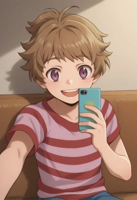 score_9, score_8_up, source_anime, highly detailed, 1boy, solo, skinny,
cute,
haruka, 1boy, male focus, solo, striped shirt, shirt, open mouth, brown hair, striped, smile, teeth, purple eyes, hold, holding smartphone, taking a selfie,
indoor, sit,