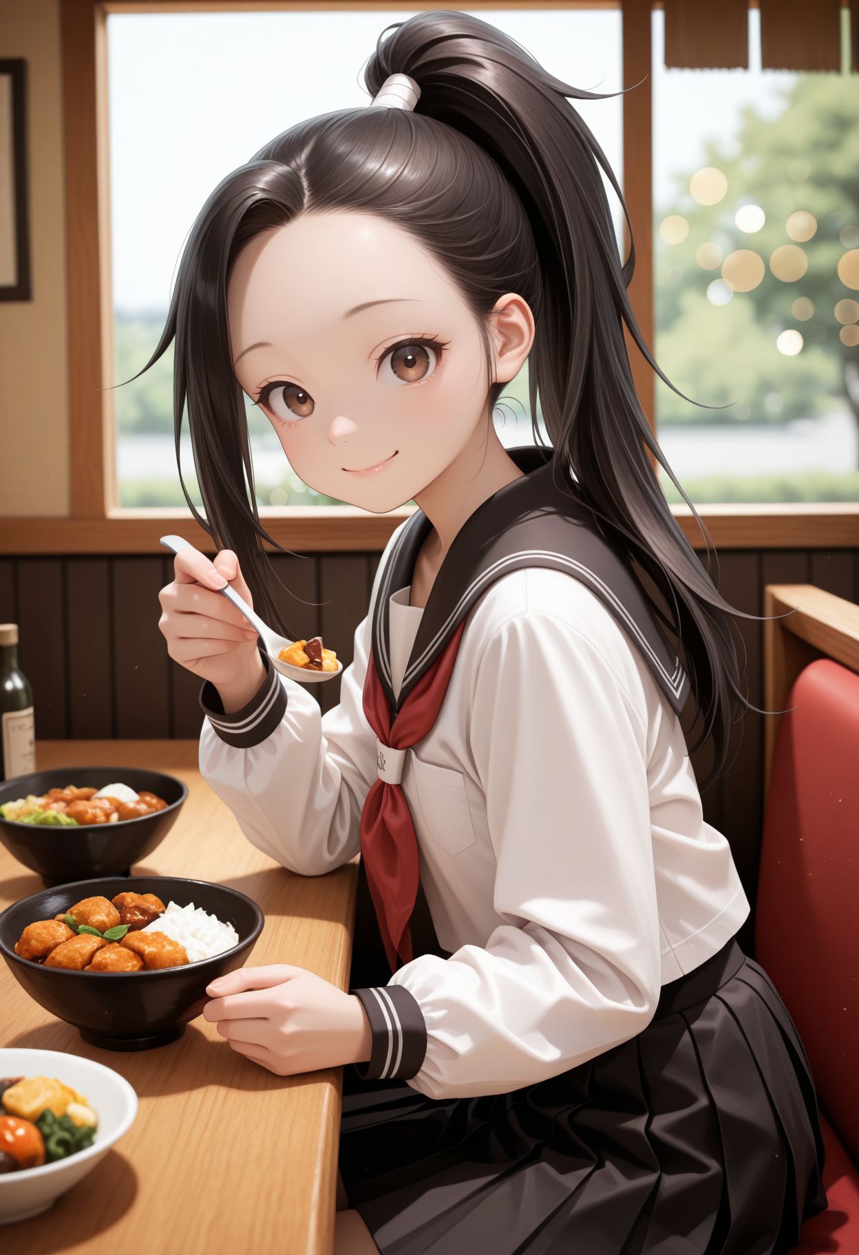 masterpiece,best quality,absurdres,highres,very aesthetic,high quality,detailed,insanely detailed,beautiful,perfect lighting, ,depth of field,blurry background,bokeh, looking at viewer, 
 <lora:Tsubaki illu:1> 1girl, black hair, high ponytail, long hair, brown eyes, forehead, sit, from side, serafuku, black sailor collar, red neckerchief, white shirt, long sleeves, pleated skirt, black skirt, pov across table, incoming food, holding spoon, indoors,traditional restaurant, food, table, looking at viewer, smile,