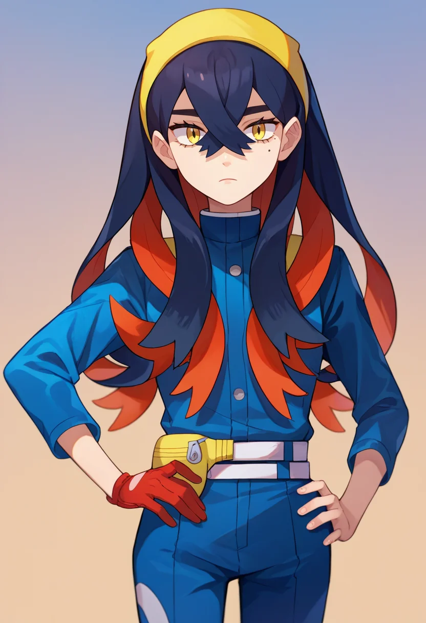score_9, score_8_up, score_7_up, source_anime, solo, 1girl, pokemoncarmine, expressionless, looking at viewer, hand on hip, mole under eye, hairband, blue jacket, long sleeves, red gloves, single glove, blue pants, white belt, pouch <lora:pokemon_carmine_ponyXL:1>