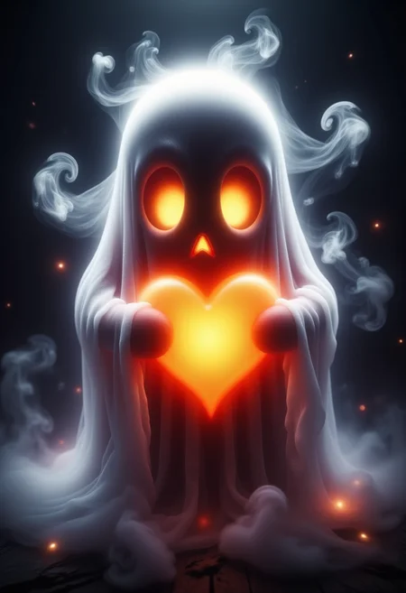 digital art of an adorable ghost, glowing within, holding a heart shaped pumpkin, Halloween, high quality, masterpiece, 8k, super cute, sticker
