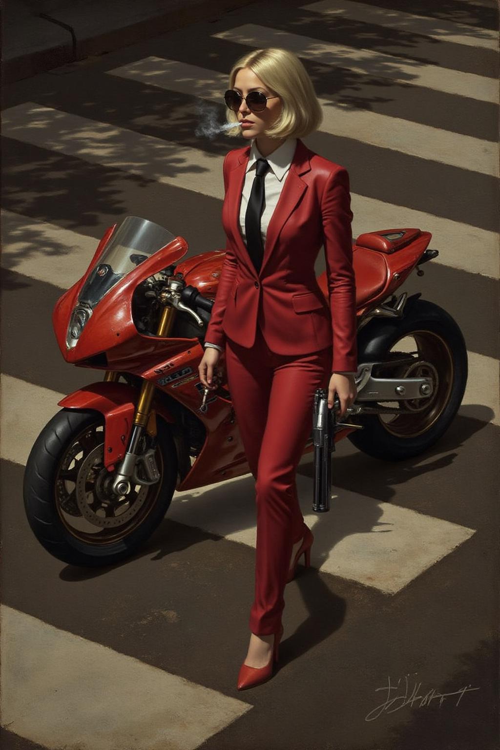 jldavid1 painting
Overhead shot of an Blonde woman walking away from a futuristic motorcycle parked at a zebra crossing. The woman has bob hair, is smoking. She wear a red business suit, white shirt, black tie, and sunglasses. She holds a gun with a confident grip. The motorcycle itself is red, sleek and metallic, with intricate designs and a futuristic vibe  <lora:jldavid1_cap_d6a3:1.0><lora:815775247987999686:0>
