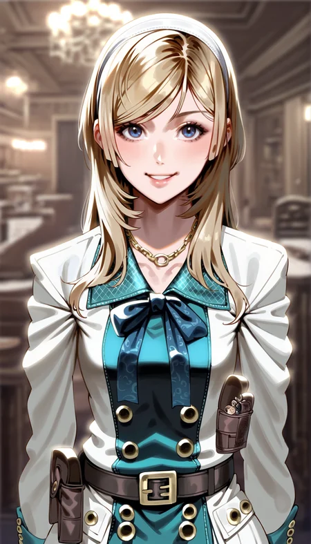 score_9,score_8_up,
(bloom:1.2),
<lora:leanne:1>,leanne,
1girl,solo,blonde hair,long hair,bangs,white hairband,dark blue neck ribbon,blue eyes,looking at viewer,smile,
white knee length coat with teal accents,victorian-inspired dress,necklace,brown belt,belt pouch,black gloves,
upper body,
indoors,blurry background,living room,