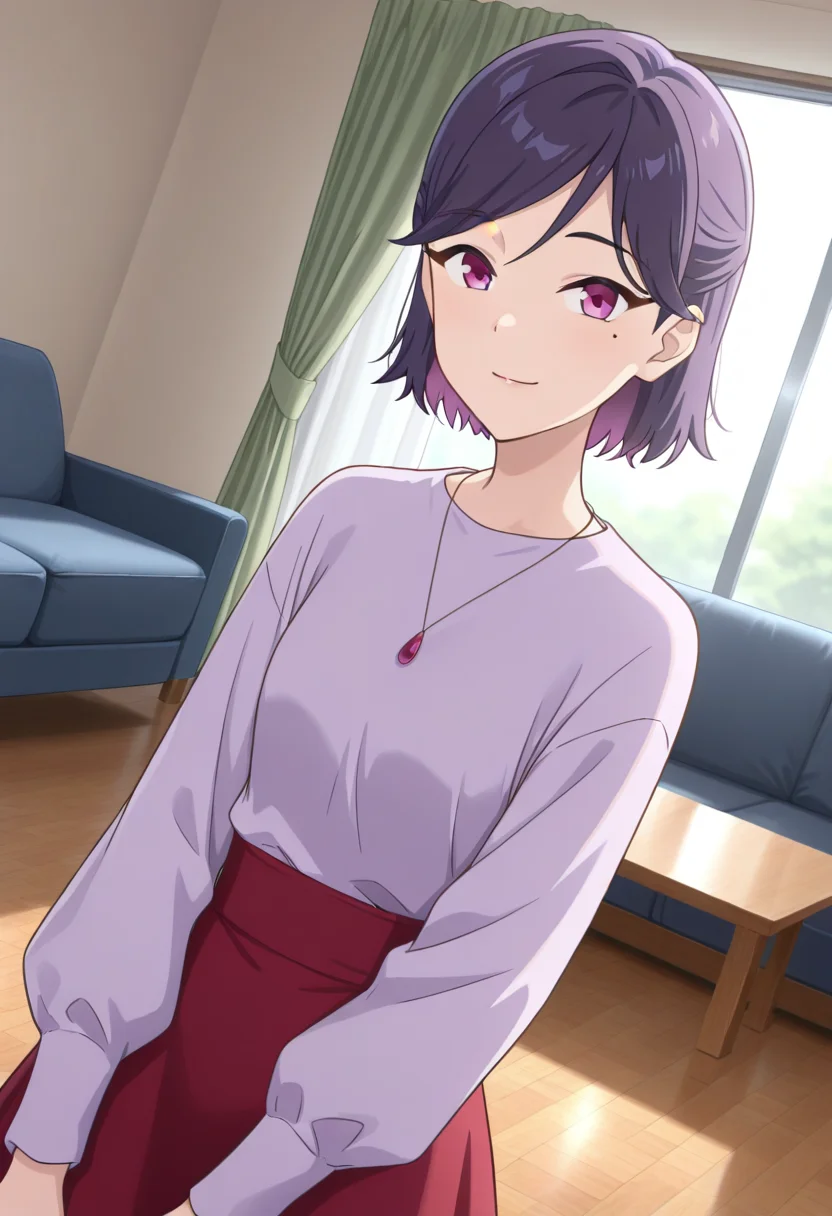 masterpiece,best quality,absurdres,perfect lighting,indoors,curtains,window,table,couch,wooden floor,
*//*,<lora:HealerGirl_AoiTorino-Illustrious:1>,aoi_torino,1girl,solo,purple hair,short hair,half updo, purple eyes,mole under eye,shirt tucked in,purple shirt,red skirt,long sleeves,necklace,jewelry,
*//*,looking at viewer,cowboy shot,dutch angle,dynamic pose,light smile,