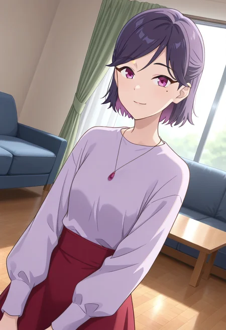 masterpiece,best quality,absurdres,perfect lighting,indoors,curtains,window,table,couch,wooden floor,
*//*,<lora:HealerGirl_AoiTorino-Illustrious:1>,aoi_torino,1girl,solo,purple hair,short hair,half updo, purple eyes,mole under eye,shirt tucked in,purple shirt,red skirt,long sleeves,necklace,jewelry,
*//*,looking at viewer,cowboy shot,dutch angle,dynamic pose,light smile,