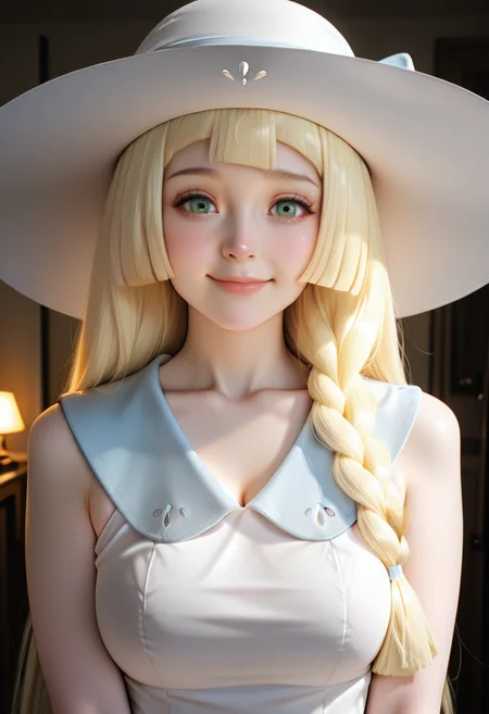 masterpiece, best quality, amazing quality, realistic, 21 year old model, medium breasts,   upper body, (detailed eyes, soft lips, soft skin), closed mouth,   zzLillie, long hair, braid, sun hat, white headwear, collarbone, sleeveless dress, white dress, <lora:LilliePokemonIXL:1.0>, smile,   highly detailed, film grain, rim lighting looking at the viewer, curvy, beautiful detailed face, beautiful green eyes, long hair, skin pores,  ,  <lora:R3alB3auty_IXL_v1:1.0>,