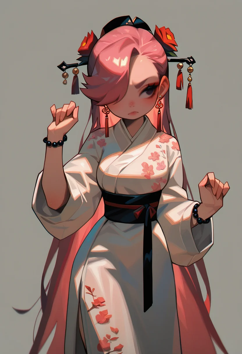 1girl, pink hair, very long hair, hair over one eye,
BREAK 1girl, pinup pose with arms wide open,
BREAK hanfu, long sleeves, hair ornament, jewelry, earrings, hair flower, wide sleeves, white dress, bracelet, floral print, tassel, china, chinese culture, (grey background), simple background,
BREAK general, masterpiece, best quality, absurdres, highres, newest, <lora:Corvidae_v1.1:0.8>