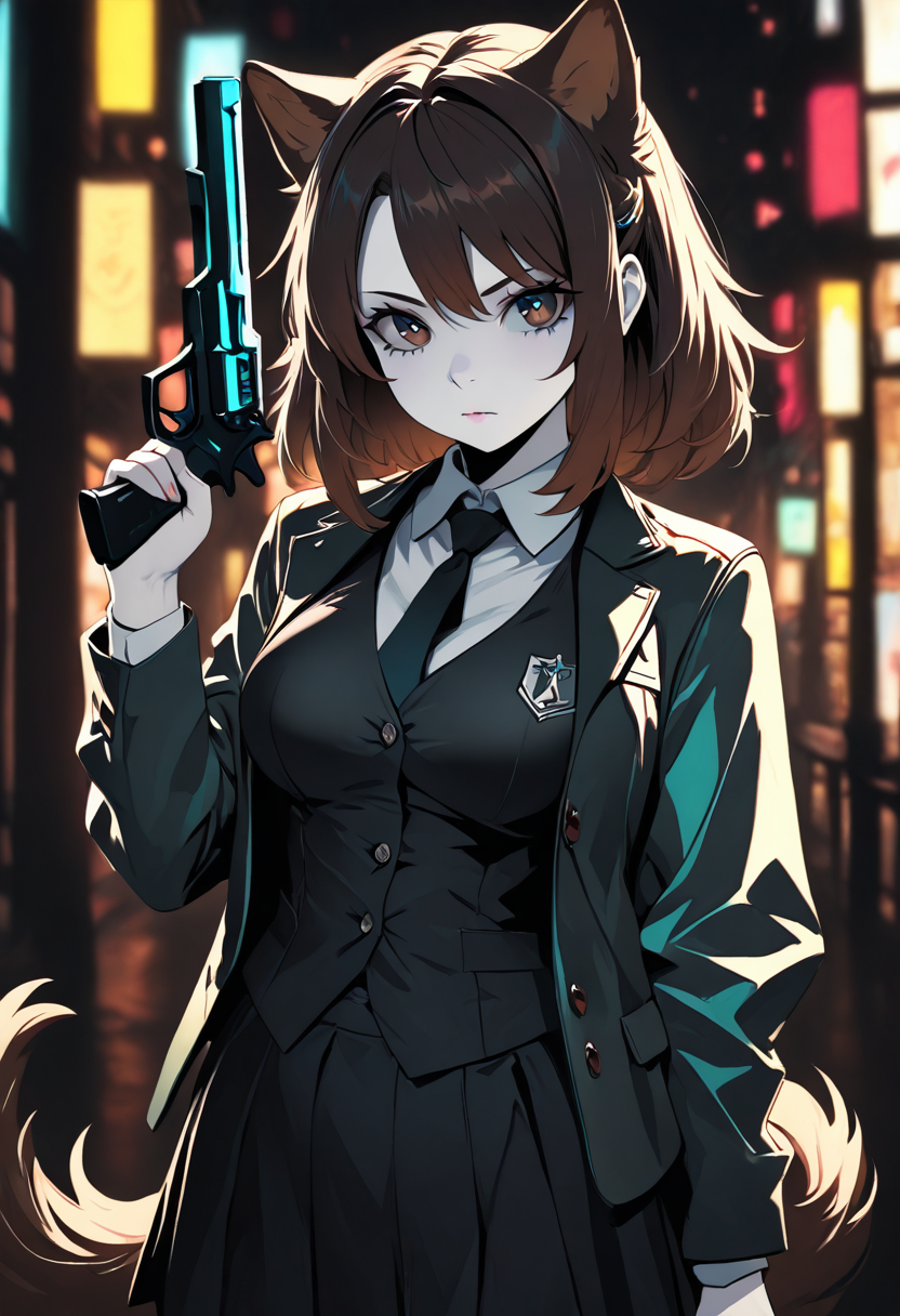 pale skin, <lora:CatGirlStyleNeon_V1-000003:1>, Smooth Quality,
1girl, brown hair, (brown eyes:1.2), dog ears, dog tail, masterpiece, 4k, medium breasts, cute, adult, neon edge, shirt with buttons, jacket, vest, black skirt, blue eyes, tie, gun in hand, CatGirlNeonStyle