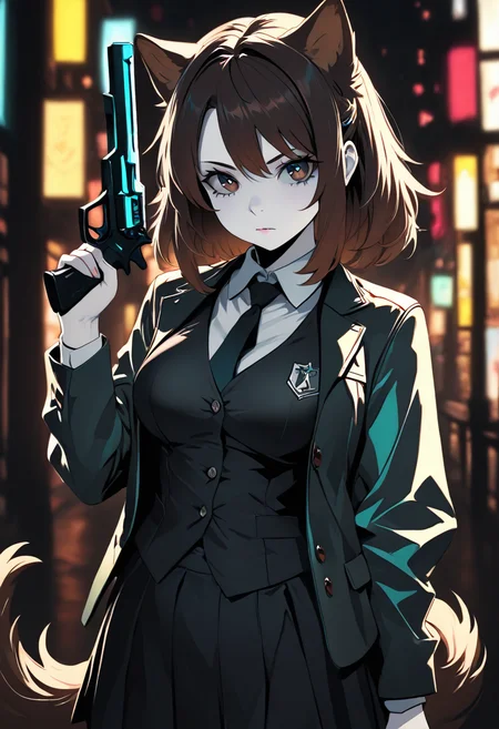 pale skin, <lora:CatGirlStyleNeon_V1-000003:1>, Smooth Quality,
1girl, brown hair, (brown eyes:1.2), dog ears, dog tail, masterpiece, 4k, medium breasts, cute, adult, neon edge, shirt with buttons, jacket, vest, black skirt, blue eyes, tie, gun in hand, CatGirlNeonStyle