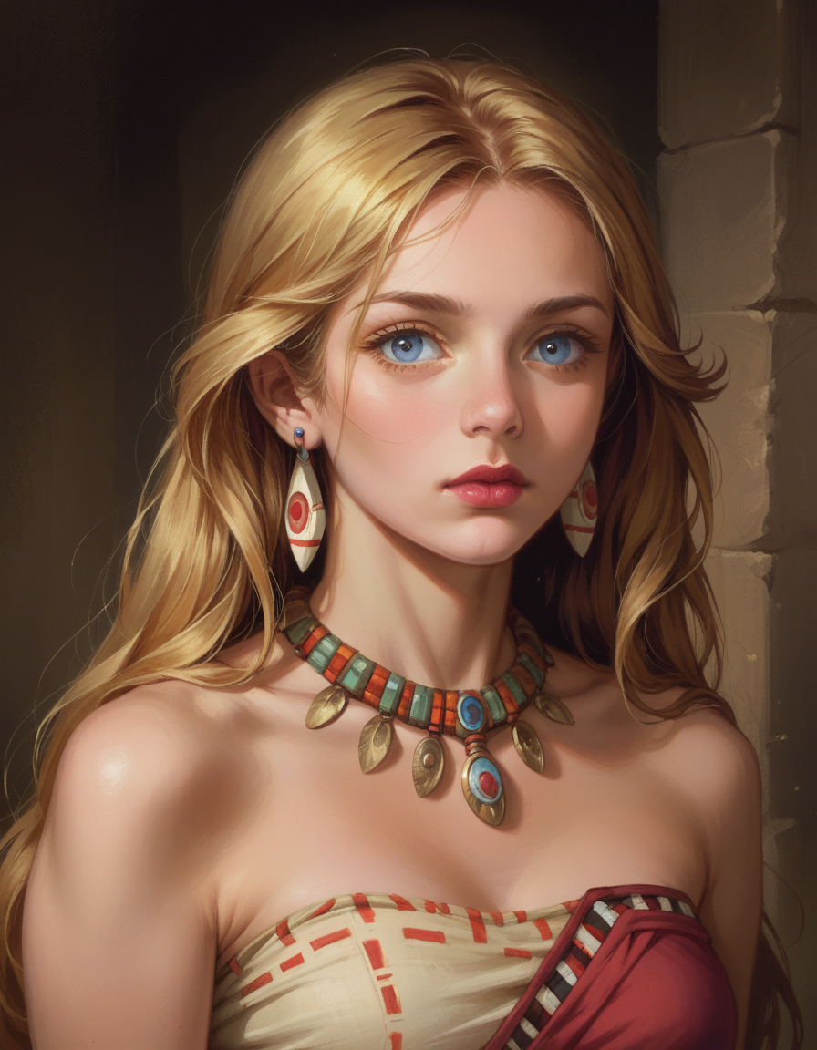 score_9, score_8_up, score_7_up, score_6_up, <lora:hud_yanjuncheng_styl_XLP:0.6> Create an incredible, best quality illustration, (  wearing  Vibrant himation with a striking border pattern and soft flowing fabric ), Enchantress, Short, Thin, Round Face, Olive Skin, Golden Blonde Hair, light blue Eyes, Wide Nose, Thin Lips, Sharp Chin, Long Hair, Coarse Hair, Swept Bangs, augmented breasts, Huggie earrings, fuchsia stain lipstick, Computer Animation, realistic, Tribal, Refraction, full body