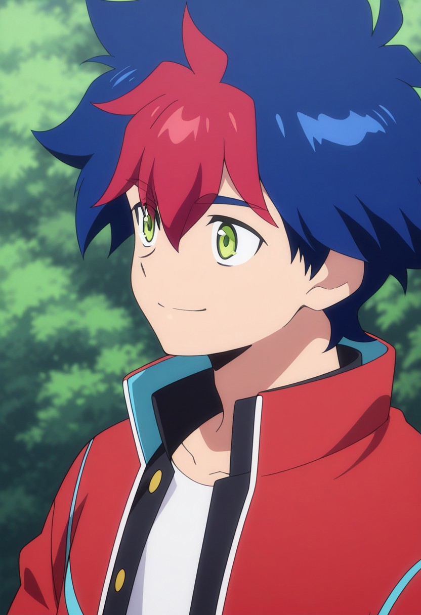 masterpiece,best quality,amazing quality, source_anime,
RaitoTenryu, 1boy, male focus, solo, green eyes, multicolored hair, blue hair, red hair, gakuran, shirt, white shirt, jacket, red jacket, open jacket, smile, portrait,