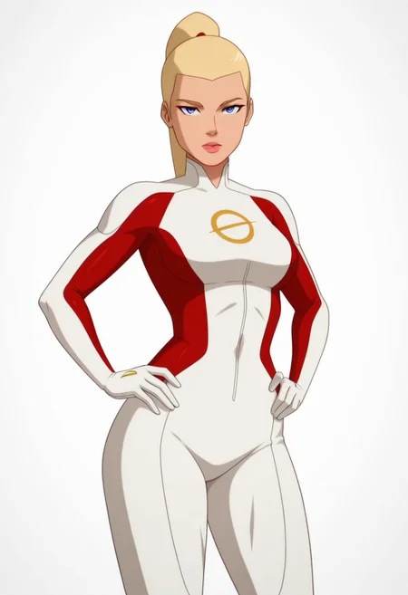 saturngirl, solo, blonde, ponytail, red and white bodysuit, hands on hips, looking at viewer, blank background, best quality, masterpiece