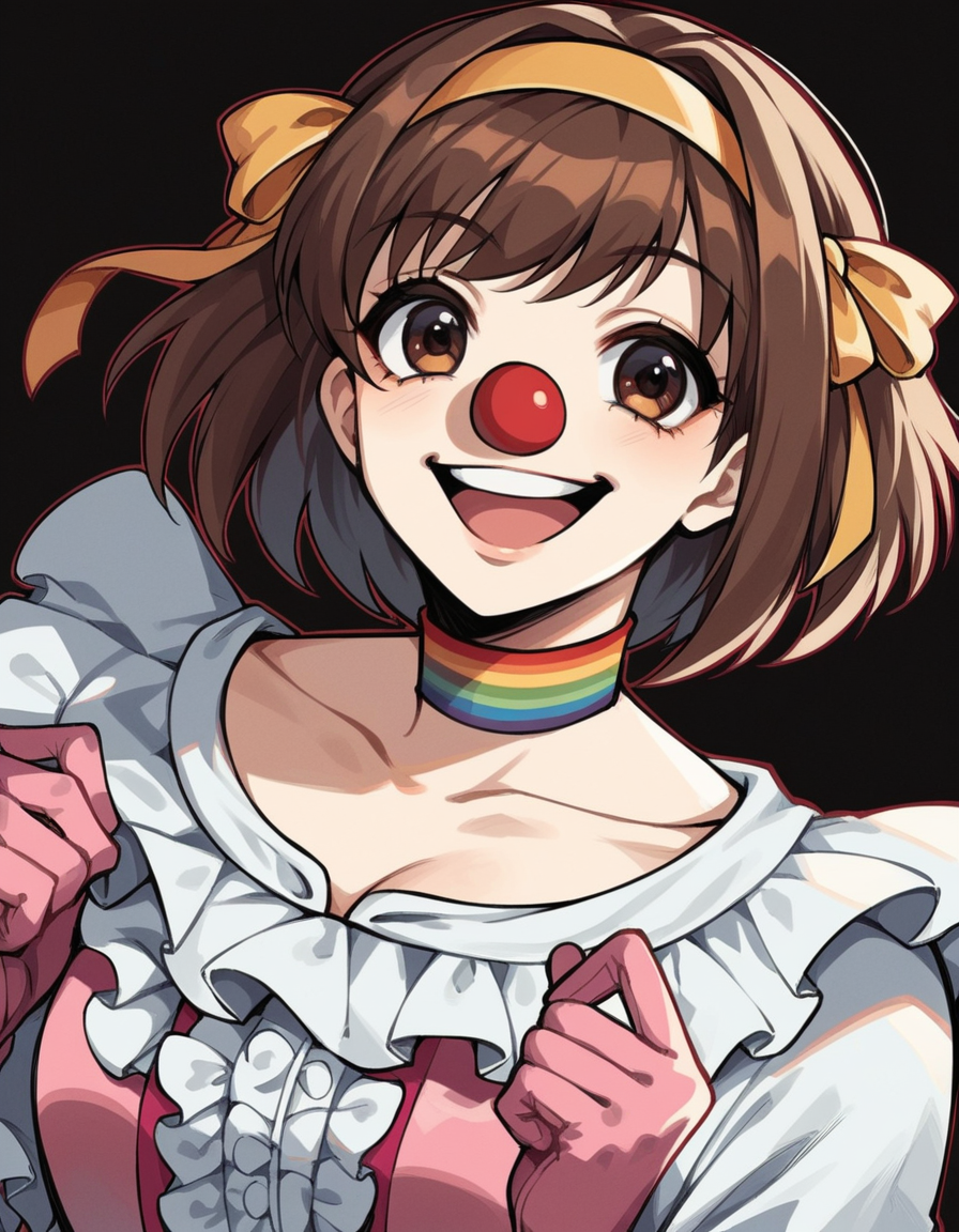 score_9, score_8_up, score_7_up, source_anime, <lora:haruhi-suzumiya-s1-ponyxl-lora-nochekaiser:1>, haruhi suzumiya, short hair, brown hair, brown eyes, hairband, medium hair, ribbon, hair ribbon,, <lora:clown-ponyxl-lora-nochekaiser:1>, clown, makeup, clown nose, facepaint, gloves, long sleeves, frills, dress,, smile, open mouth, smug,, cowboy shot