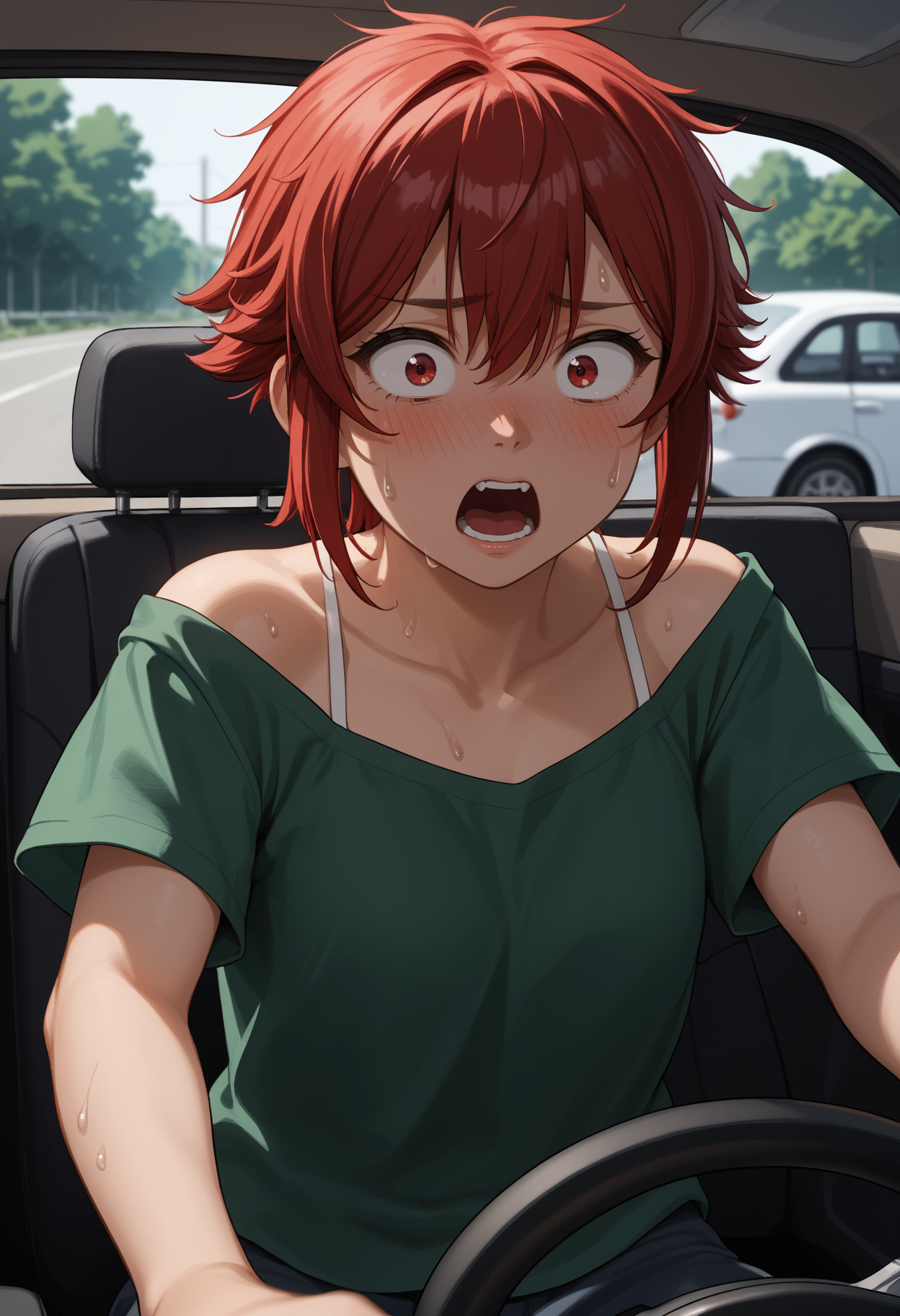 !!, blush, green shirt, driving, looking at viewer, motion blur, open mouth, shirt, short sleeves, spaghetti strap, steering, steering wheel, surprised, sweat, upper body, screaming, panicking, wide-eyed score_9, score_8_up,score_7_up, source_anime, 1girl, solo, <lora:aizwtm_pdxl_EliPot:1>, aizawatomo, red hair, short hair, red eyes, tomboy, toned, muscular female,