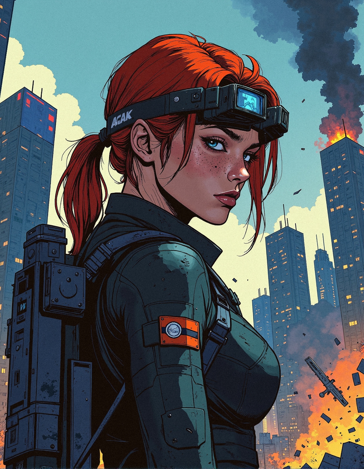 Comic book illustration, 2d
A cinematic, ultra-detailed portrait of a cyberpunk resistance operative standing amidst the ruins of a futuristic city under siege, her fiery red hair catching the dim light of a distant explosion. She wears a high-tech tactical suit reinforced with armored plating and exo-weave fibers, weathered from battle, adorned with insignias of an underground militia. Her face is lightly dusted with dirt and sweat, her freckled skin partially illuminated by the cold glow of a holographic billboard flickering behind her. Tactical goggles with multiple lens attachments rest on her forehead, reflecting the chaotic dystopian skyline where shattered skyscrapers loom over a war-torn district. A cybernetic data port glows faintly near her temple, connected to a network of hidden implants enhancing her battlefield awareness. A rugged, industrial-grade exo-pack is strapped to her back, reinforced with steel plates and heavy-duty cables, suggesting deep infiltration into enemy territory. Smoke and debris swirl in the air as distant sirens wail, hovercraft wreckage burning in the background, sending plumes of blackened smoke into the sky. Every texture, from the matte carbon-fiber of her armor to the scratched metallic surfaces of her gear, is rendered in hyper-realistic clarity, creating a breathtaking fusion of cyberpunk realism and dystopian warfare aesthetics.
 <lora:FluxDFaeTasticDetails:0.3> <lora:Comic_Style_-_FLUX:0.6>