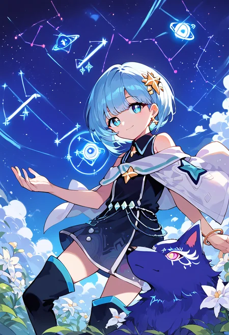 score_9,score_8_up,score_7_up,source_anime,zPDXL3,fantasy,outdoors,night,night sky,star (sky),sky,starry sky,crystal,white flower field,
*//*,<lora:SiaAstelle_Pony:1>,sia_astelle,1girl,solo,blue hair,short hair,bangs,blue eyes,gloves,thighhighs,thigh boots,star (symbol),earrings,hair ornament,jewelry,black dress,sleeveless,black footwear,single glove,black elbow gloves,smile,(star_wolf, wolf, oversized animal, galaxy skin, constellation:1.3),looking at viewer,cowboy shot,dutch angle,dynamic pose,