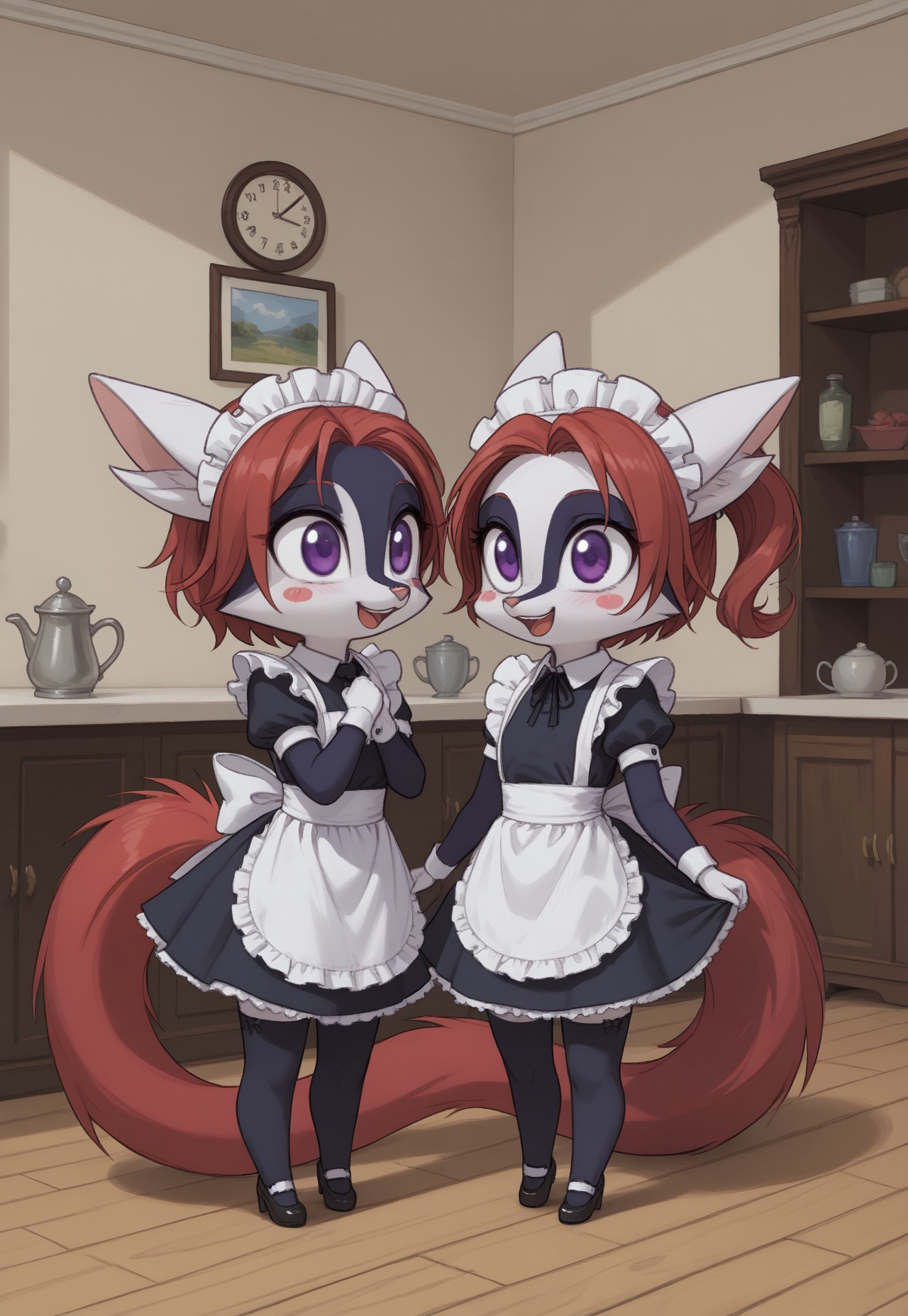 <lora:Indi_and_Digo_Marallang:0.8>, (masterpiece, best quality), score_9, score_8_up, furry, (indi_and_digo), shadow detail, sketch marks, BREAK, ((two tone fur)), red hair, (purple eyes), red tail,
duo, 2girls,
score_9, score_8_up, score_7_up, cinnamoroll, black stockings, maid uniform, maid headdress, chibi, feral,   long ears, white ears, blush stickers, curled tail, full body, smiling, happy, motion lines, detailed background, indoors