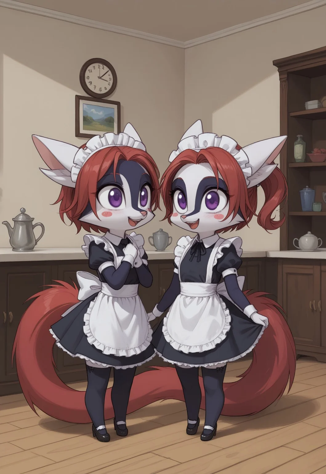 <lora:Indi_and_Digo_Marallang:0.8>, (masterpiece, best quality), score_9, score_8_up, furry, (indi_and_digo), shadow detail, sketch marks, BREAK, ((two tone fur)), red hair, (purple eyes), red tail,
duo, 2girls,
score_9, score_8_up, score_7_up, cinnamoroll, black stockings, maid uniform, maid headdress, chibi, feral, long ears, white ears, blush stickers, curled tail, full body, smiling, happy, motion lines, detailed background, indoors