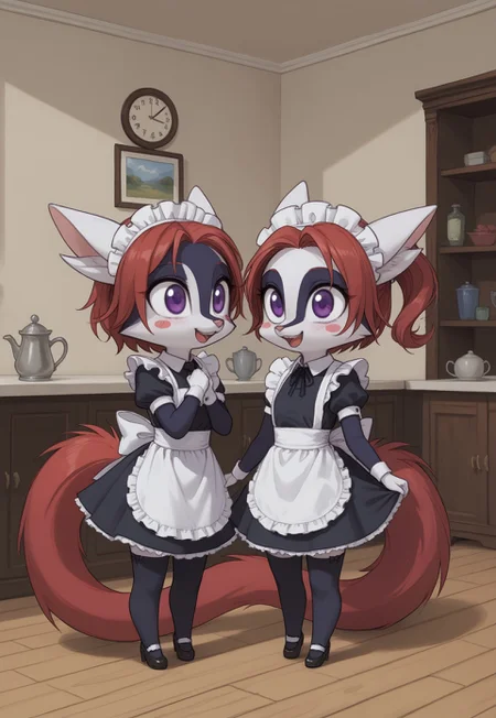 <lora:Indi_and_Digo_Marallang:0.8>, (masterpiece, best quality), score_9, score_8_up, furry, (indi_and_digo), shadow detail, sketch marks, BREAK, ((two tone fur)), red hair, (purple eyes), red tail,
duo, 2girls,
score_9, score_8_up, score_7_up, cinnamoroll, black stockings, maid uniform, maid headdress, chibi, feral, long ears, white ears, blush stickers, curled tail, full body, smiling, happy, motion lines, detailed background, indoors