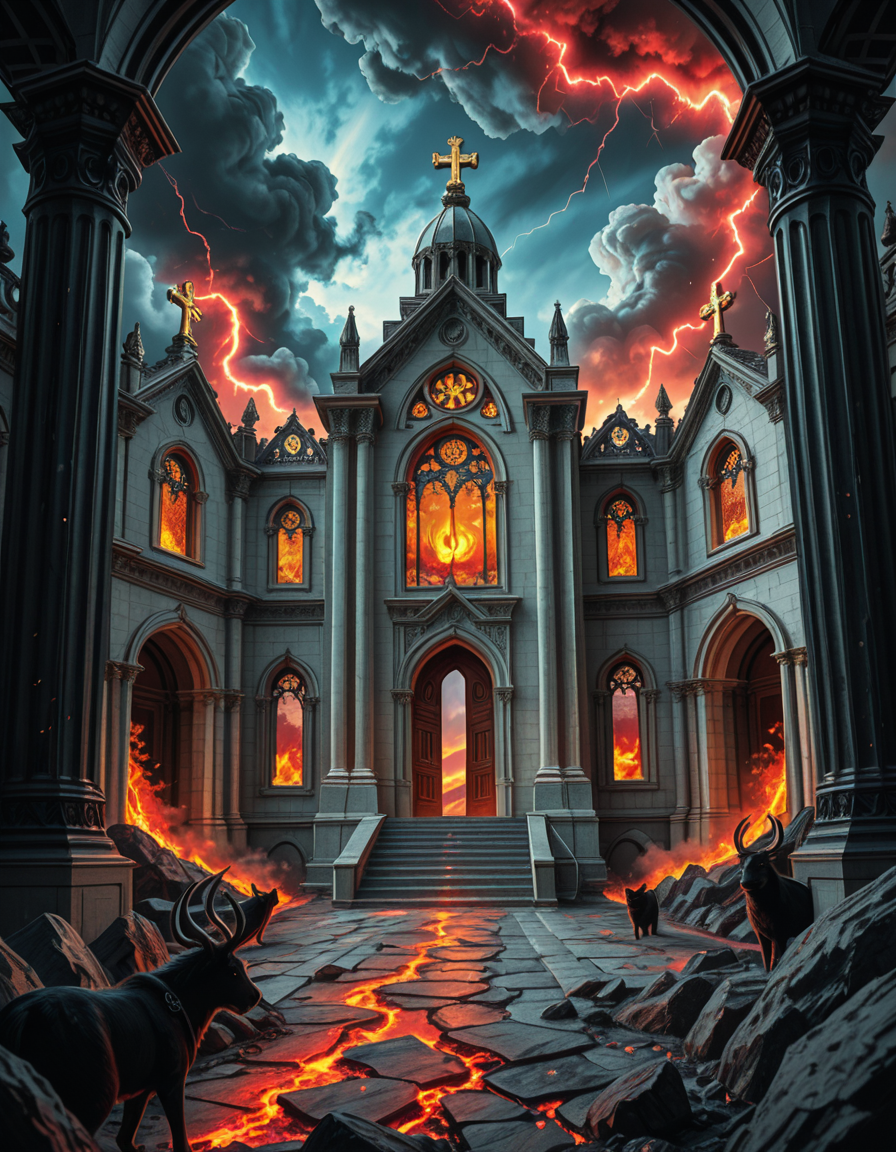 A once-majestic celestial temple, now under siege by the forces of Hell. The grand white stone structure is cracked and scorched, its golden crosses twisted and broken. The stained-glass windows, once glowing with warm divine light, are now shattered, with demonic symbols glowing ominously in their place. The sky, once a serene blue, is now consumed by dark storm clouds, swirling with red lightning and thick smoke.
Black, jagged chains extend from the sky, wrapping around the temple as if trying to pull it down into the abyss. The once-fluffy clouds beneath the structure are now a chaotic mix of fire, ash, and dark mist, with glimpses of molten lava cracks below. Infernal creatures with glowing red eyes lurk in the shadows, their silhouettes barely visible through the smoke and fire.
The temple doors are blown open, revealing an eerie red glow emanating from within, as if Hell itself is consuming the sacred space. Massive demonic runes are etched into the stone, pulsating with an unholy energy. The entire scene is bathed in a deep crimson and orange glow, giving it an apocalyptic and nightmarish atmosphere.
Style & Lighting:
- Dark fantasy, highly detailed
- Dramatic, high-contrast lighting with fiery glows
- Cinematic composition, epic scale
- Strong use of shadows, embers, and atmospheric foghighly detailed and atmospheric view from inside a massive birdcage, large enough for a human to stand inside. The cage is made of ornate, aged metal bars with intricate Victorian-style patterns, curving elegantly towards the domed ceiling. Sunlight filters through the gaps between the bars, casting long, dramatic shadows on the wooden floor. Delicate vines and small flowers have begun to grow around the bars, adding a touch of nature reclaiming the space. The background beyond the cage is blurred, hinting at a lush garden or a mysterious, abandoned mansion. The ambiance is serene yet slightly melancholic, with warm golden light illuminating dust particles floating in the air. Soft feathers are scattered on the floor, adding to the sense of quiet abandonment. The perspective makes the viewer feel as if they are inside the cage, looking outward, surrounded by both beauty and confinement. The style is highly detailed and realistic, with a cinematic and slightly surreal atmosphere.
<lora:SDXLFaeTastic2400:0.4> <lora:extremely_detailed:0.4> extremely detailed, <lora:evil_celestial_t3mpl3-i:1>,evil celestial t3mpl3, Masterpiece,best quality,hi res,8k,hi res,8k,award winning,(sharp focus, intricate, highly detailed),