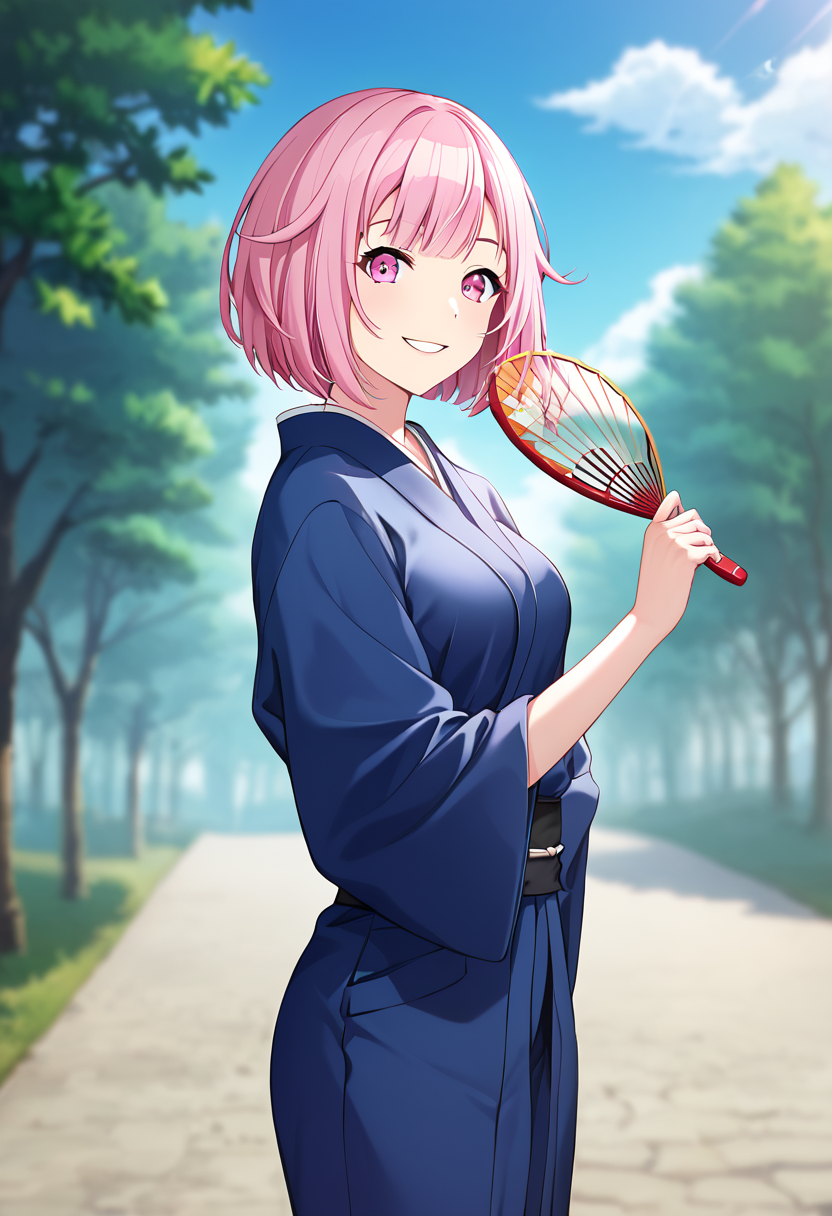 otori_emu, pink hair, short hair, pink eyes, official art, pink eyes, medium breasts, japanese clothes, blue kimono,  BREAK blurry background BREAK  looking at viewer, folded fan, holding fan, depth of field, proud look, parted lips, smile BREAK score_9, score_8_up, score_7_up, source_anime ,zPDXL, perfect hand, <lora:Otori_Emu:0.8>