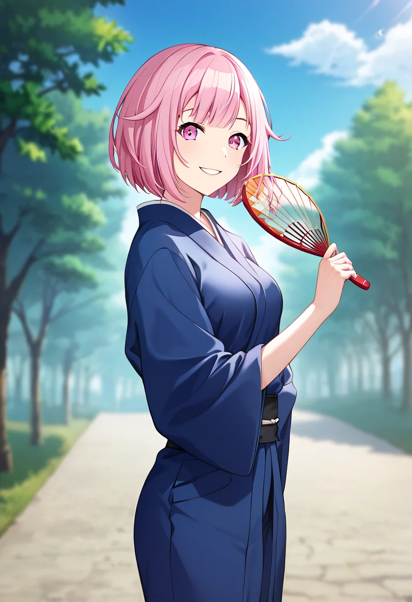 otori_emu, pink hair, short hair, pink eyes, official art, pink eyes, medium breasts, japanese clothes, blue kimono, BREAK blurry background BREAK looking at viewer, folded fan, holding fan, depth of field, proud look, parted lips, smile BREAK score_9, score_8_up, score_7_up, source_anime ,zPDXL, perfect hand, <lora:Otori_Emu:0.8>