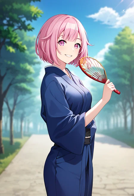 otori_emu, pink hair, short hair, pink eyes, official art, pink eyes, medium breasts, japanese clothes, blue kimono, BREAK blurry background BREAK looking at viewer, folded fan, holding fan, depth of field, proud look, parted lips, smile BREAK score_9, score_8_up, score_7_up, source_anime ,zPDXL, perfect hand, <lora:Otori_Emu:0.8>