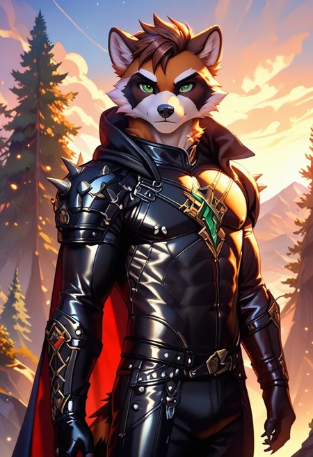 score_9, score_8_up, score_7_up,score_9, score_8_up, score_7_up, ((cowboy shot)), mountain, trees, standing, BREAK, ((High fantasy art style)), solo, male, anthro raccoon, black hooded cloak, (black leather breastplate), black leather greaves, black leather pauldrons, black leather boots, brown hair, ((detailed green eyes)), ((Masterpiece), (absurdres), (shadowy), (mysterious)
