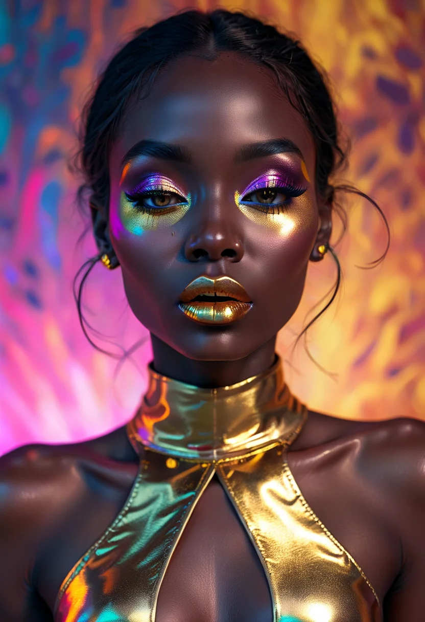 Fashion photography of a dark-skinned woman with gold lipstick and eyeshadow, high contrast, vivid colors <lora:Psych-Futurism:1>,pfstyle