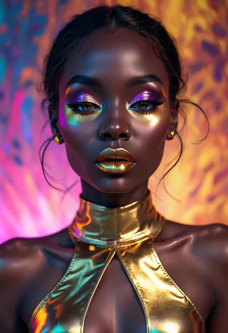 Fashion photography of a dark-skinned woman with gold lipstick and eyeshadow, high contrast, vivid colors <lora:Psych-Futurism:1>,pfstyle