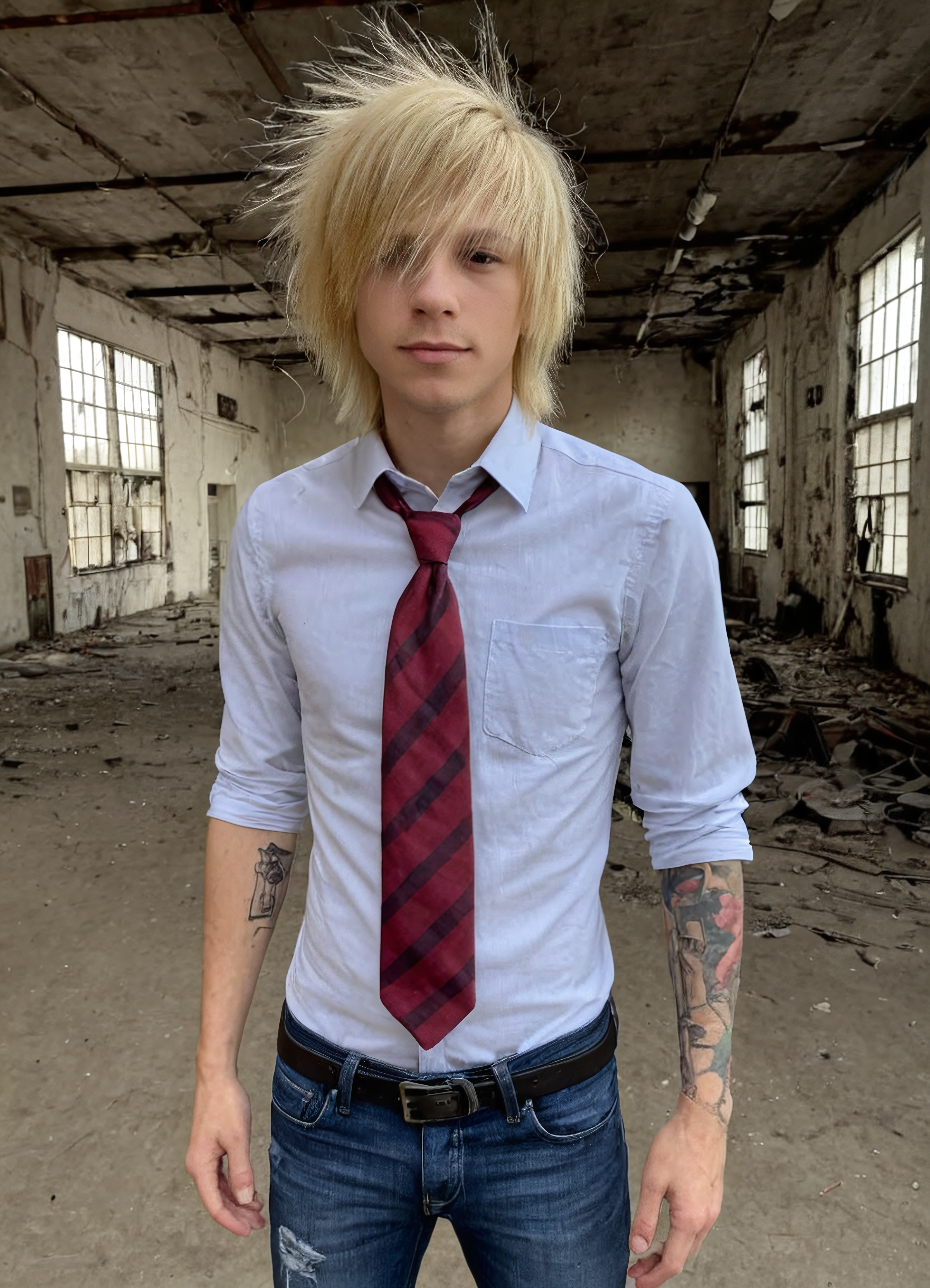 1boy, sceneboy, abandoned factory, posing, necktie,  tattoos, vibrant colors, shirt, jeans, blonde hair,
 <lora:sceneboys-000007:1.0000000000000002>