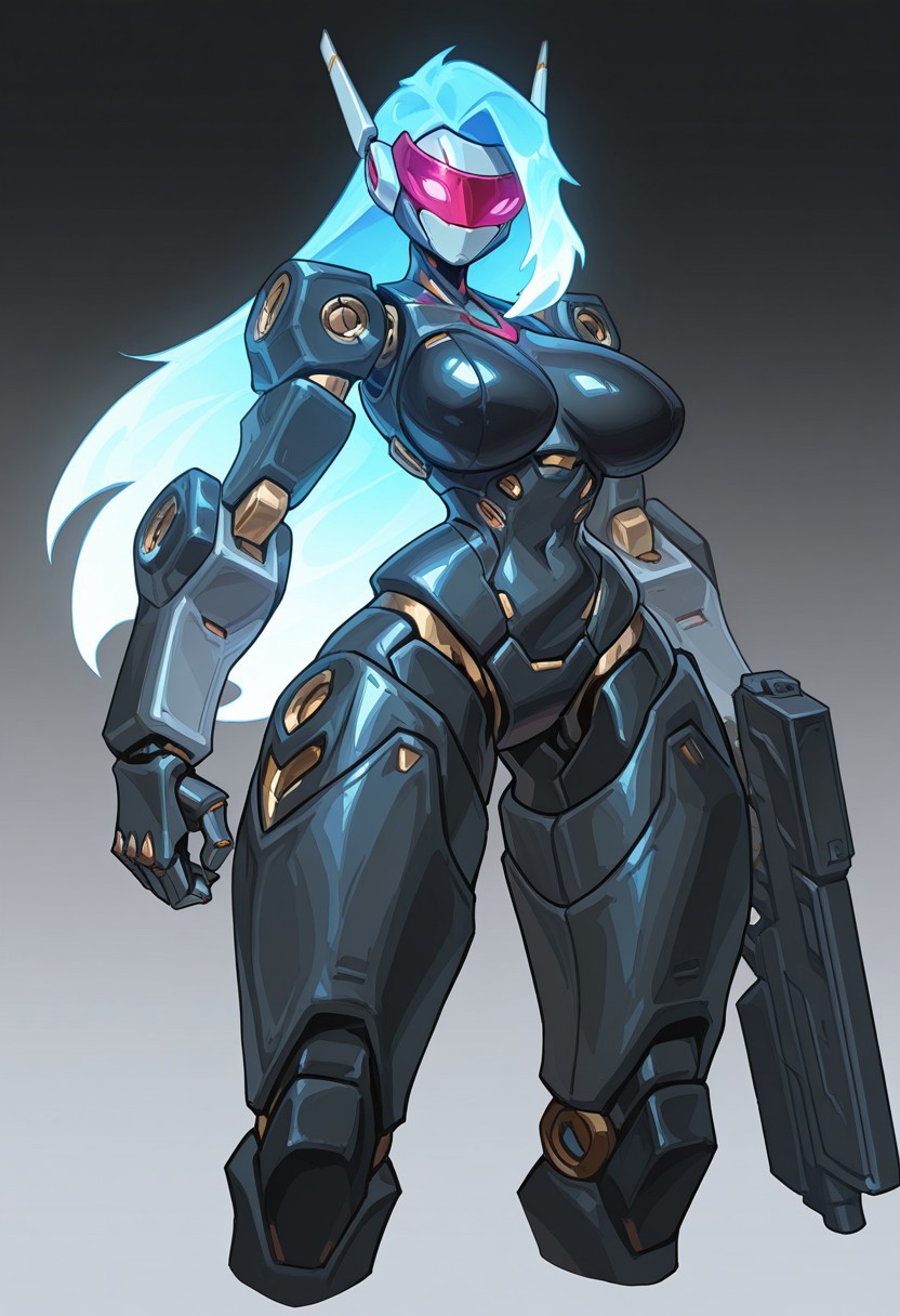 reagan_long, solo, 1girl, large breasts, robot_girl, robot visor, gun_arm, large robotic arms, large robotic hands, large robotic legs, large robotic feet, robot shoulders, robot armor, metalic skin, glowing hair, long hair, glowing eyes, robot antenna ears, cowboy_shot, cropped legs