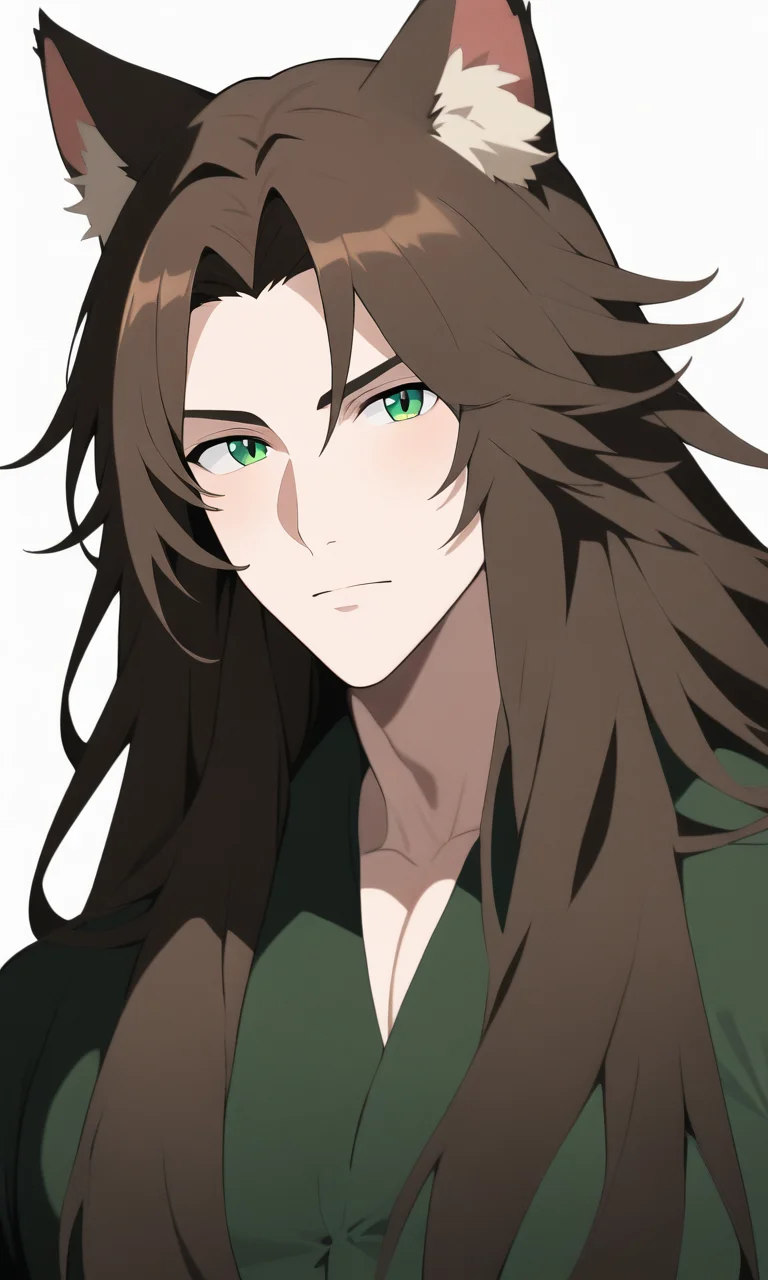 masterpiece, best quality, NAI A1, 1male, solo, manly, male focus, brown cat ears, green eyes, brown hair, long hair, victor