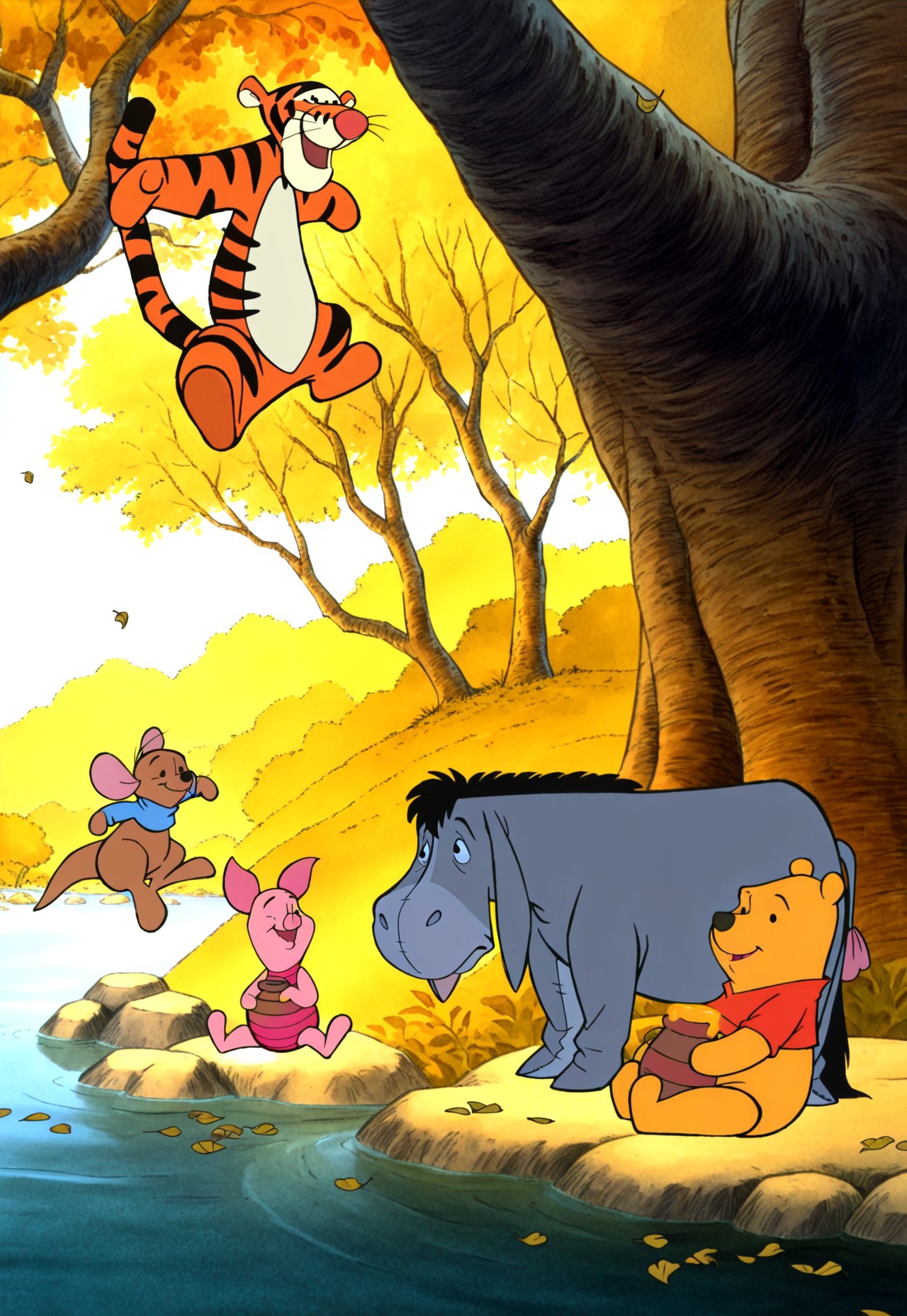 masterpiece, absurdres, highres, (anime screencap:2, anime coloring:2), official art, accurate art style, very aesthetic, flat colors, official screencap, style parody, WinnieThePooh_Character_And_Style, TiggerMovie, The Tigger Movie, retro artstyle, 2000s \(style)\, sketchy lines:2, proper proportions, BREAK, 5boys, Tigger, tiger stripes, tiger print, whiskers, black eyes, jumping, bouncing, happy, Winnie the Pooh, sitting, holding a jar, honey inside jar, Piglet, looking at side,, Roo, happy, joy, jumping, bouncing, Eeyore, gloomy, resting, pink bow, black hair, stitches, BREAK, detailed background, outdoors, forest, falling leaves, trees, hills, bushes, cliffs, logs, pond, flowers, day, BREAK, full body, cowboy shot, BREAK, vibrant colors, bloom, vignette, cinematic lighting, 75% soft lighting, 25% dark lighting