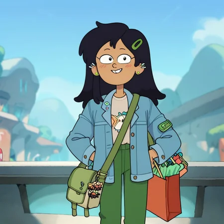 Depth of field.score_9_up, score_8_up, score_7_up, 1girl, Marcy Wu,Long black hair, light blue jackect, green pants, bag, green hairclip, dark-skinned, ear piercing,