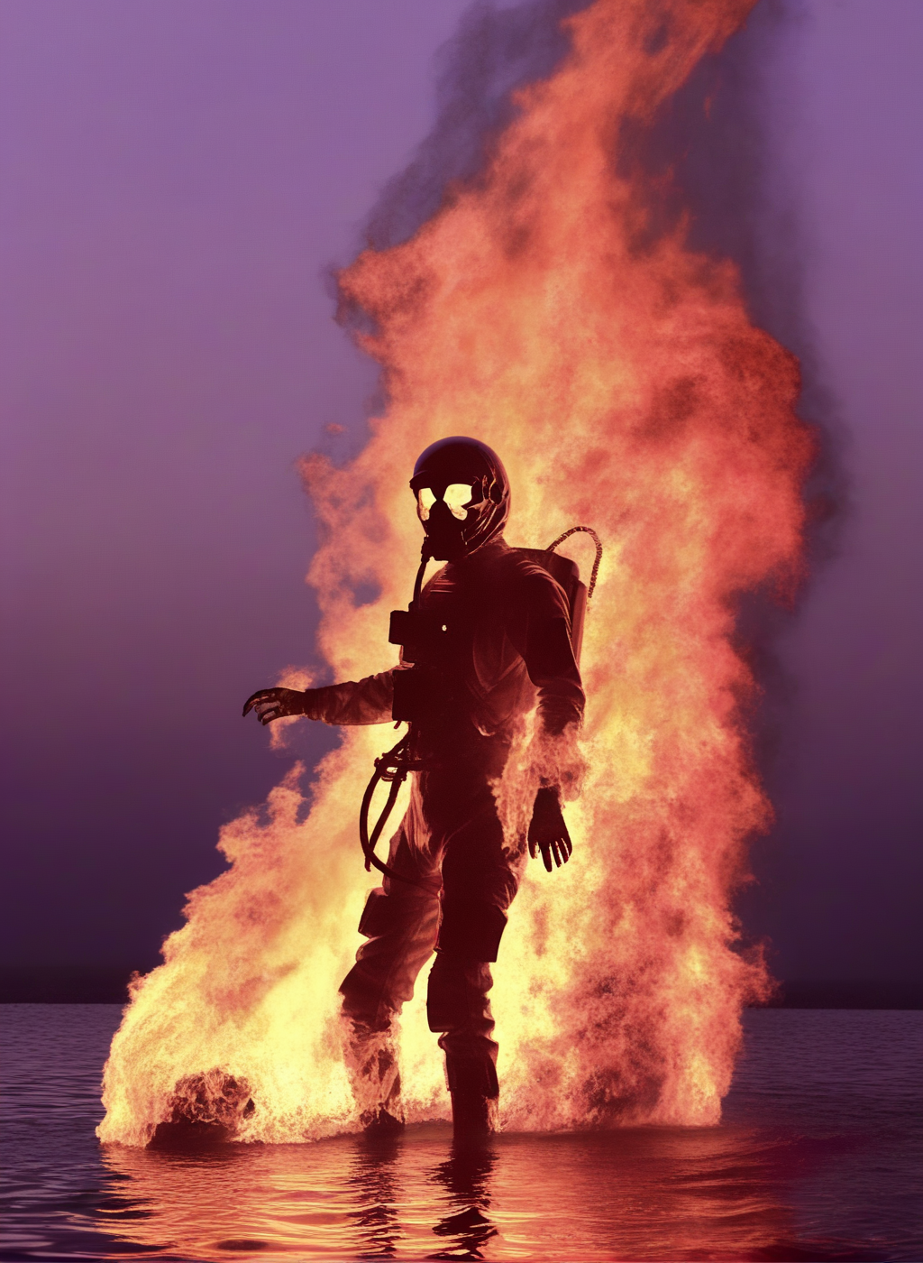 <lora:sli-v1:1> sil, artstyle, photo skull spaceman in water infront of fire