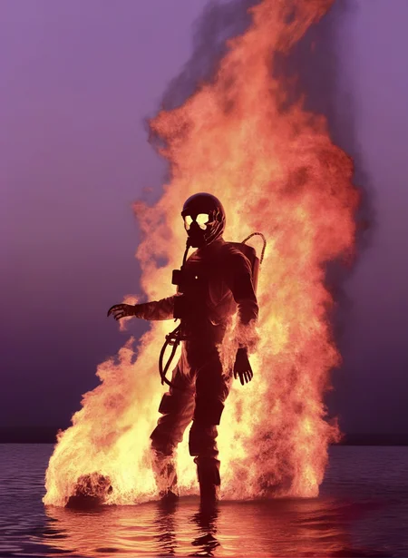 <lora:sli-v1:1> sil, artstyle, photo skull spaceman in water infront of fire