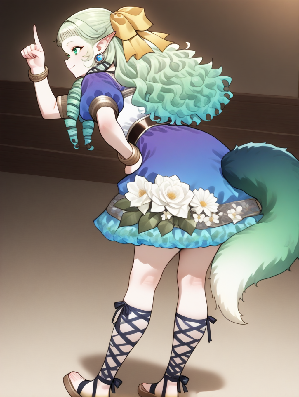 perfect quality,best quality,absolutely eye-catching,ambient occlusion,raytracing BREAK
1girl,<lora:SO4pafy IL v1.2:1>,SO4pafiy,green eyes,green hair,wavy hair,drill sideburns,hair ribbon,pointy ears,earrings,bracelet,green gradient dog tail,white flower on skirt,sandals,black cross-laced legwear,blue puffy short sleeves,ankle lace-up,lace trim,single flower,blue dress,smile,blouse,, from behind, looking away,upper_body,leaning_forward,pointing_up,hands_on_hips,open_stance,
