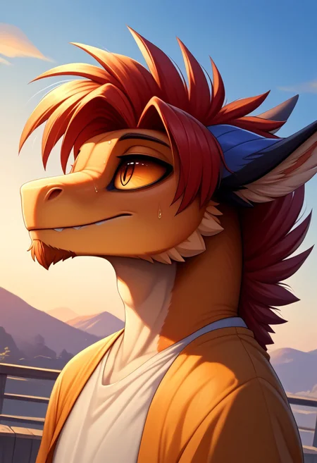 score_9, score_8_up, score_7_up, (by shinodage), outdoor, sexy, sweat, dutch angle, looking aside, high quality, hires, solo, anthro, furry, detailed background, detailed eyes, emotional, easynegative, Split Lighting style,
furred dragon, by zazush-una