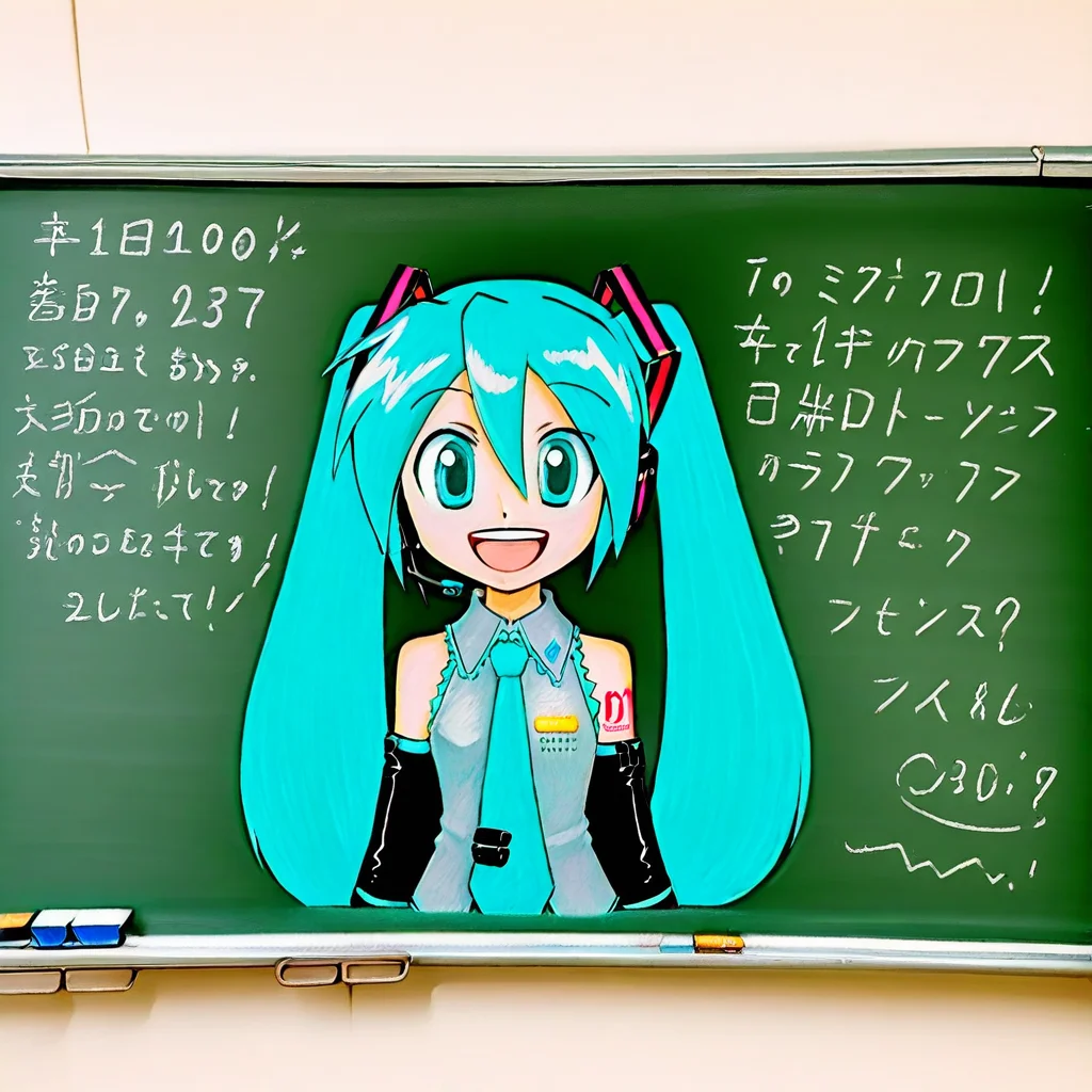 great quality,chalkboard,traditional media,1hatsune_miku, 1girl, solo, twintails,, long_hair, aqua_hair, detached_sleeves, aqua_eyes, smile, shoulder_tattoo, open_mouth, sleeveless, blue_eyes, headset, looking_at_viewer,