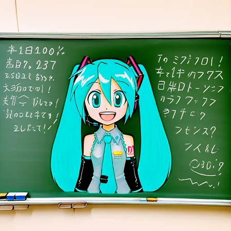 great quality,chalkboard,traditional media,1hatsune_miku, 1girl, solo, twintails,, long_hair, aqua_hair, detached_sleeves, aqua_eyes, smile, shoulder_tattoo, open_mouth, sleeveless, blue_eyes, headset, looking_at_viewer,